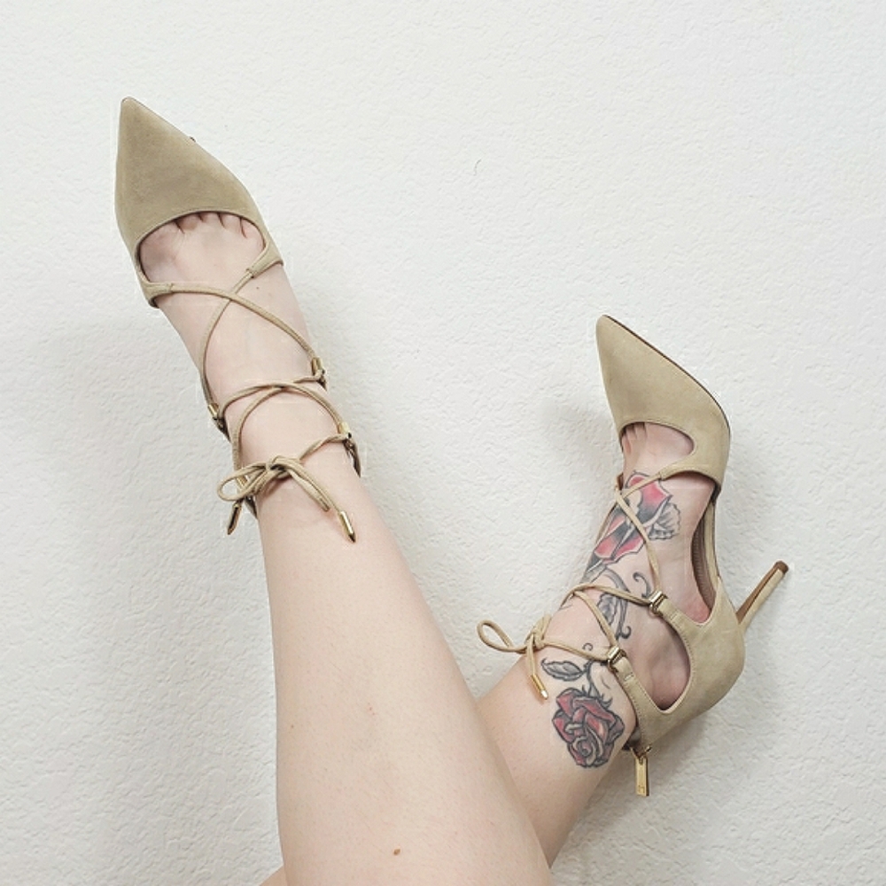 Marc Fisher tan suede pointed toe strap stilettos